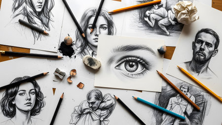 Stock showing artistic collection of charcoal and pencil of human faces and figures with tools....の写真素材