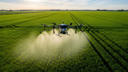 Agricultural showing agricultural drone spraying liquid over a lush green field with tire tracks...