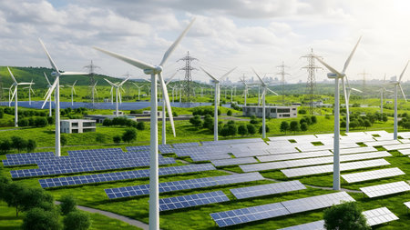 Lines showing abundant solar panels and wind turbines populate a lush green landscape with...