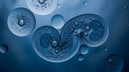 Abstract macro view of a blue oil and water mixture featuring swirling patterns and numerous...