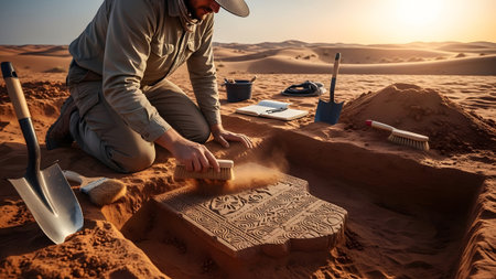 Site showing archaeologist carefully brushing sand off ancient carved stone slab in desert...の写真素材