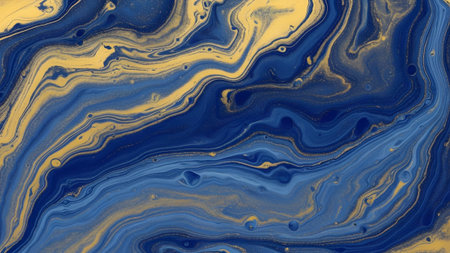 Abstract showing abstract fluid with rich blue and gold swirling marbled patterns and textures...