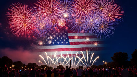 Outdoors showing american flag superimposed on a vibrant fireworks display over a crowd...