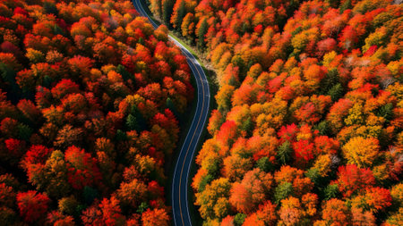 A high-angle view captures a winding road surrounded by a dense forest showcasing red and orange...の写真素材