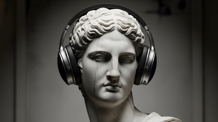 A white marble bust of a classical woman adorned with modern black and silver headphones, set...の写真素材