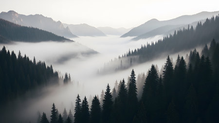 A wide mountain valley is filled with thick white fog, with dark evergreen forests lining the...