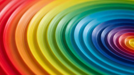 Paper showing abstract close-up of colorful concentric circles of paper in rainbow gradient....の写真素材