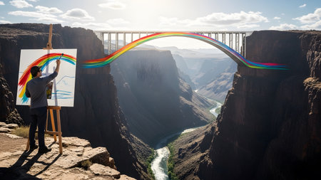 An artist paints a vibrant rainbow arching over a massive canyon, with a river flowing far below...