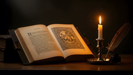 Wooden showing an antique open book with ornate sits on a wooden desk illuminated by a...の写真素材