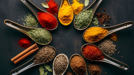 Colorful spices in dark ceramic spoons form a circle on a textured black wooden surface.