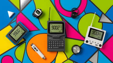 Background showing assortment of vintage digital devices and gadgets arranged on a colorful...の写真素材