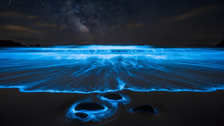 Waves showing bioluminescent waves glow electric blue under the milky way galaxy on a dark...の写真素材