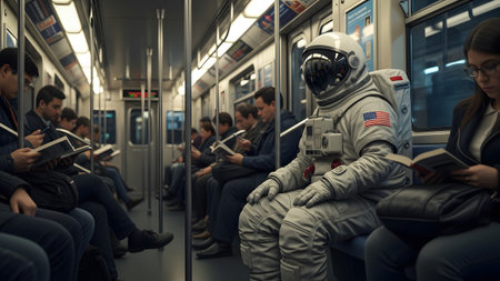 Reading showing astronaut sitting on a subway train reading a book with other passengers around...の写真素材