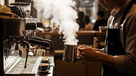 Setting showing barista steaming milk in a metal pitcher with a espresso machine in a cafe...の写真素材