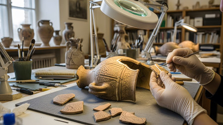 Pottery showing archaeologist carefully restoring a broken ancient pottery vase with intricate...の写真素材