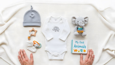 Flat showing baby lay flat with white onesie gray hat and hands reaching. resolution