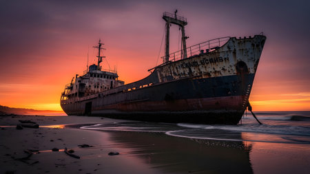 Beached showing beached rusty cargo ship silhouetted against a fiery sunset sky on a sandy...