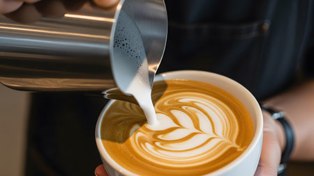 Steamed showing barista pouring steamed milk into a white coffee cup creating latte with a leaf...の写真素材