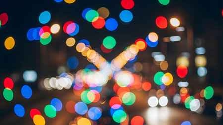 Traffic showing bokeh lights of a street at night with cars and traffic lights creating a...の写真素材