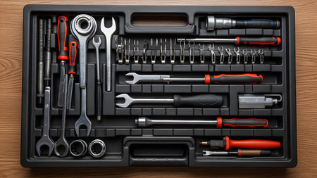 A black plastic toolbox is open revealing a collection of metal hand tools including wrenches...