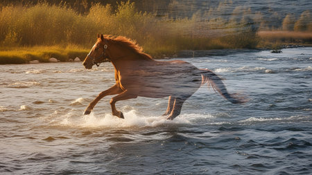 Background showing brown horse running through river water with sunlit trees in background.の写真素材