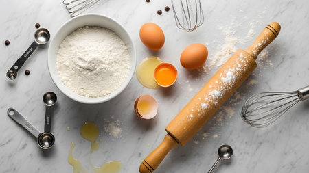 Baking ingredients and utensils like a rolling pin, flour, eggs, and measuring spoons are...