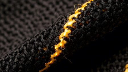 Shot showing black fabric texture with bright yellow stitching detail close up macro shot.
