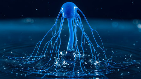 Water showing blue water splash formation with tentacle like structures and bubbles.の写真素材