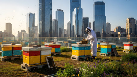 A beekeeper wearing a white protective suit works with a beehive on a rooftop garden, with a...