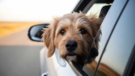 showing brown dog with light brown fur peeking out of car window.