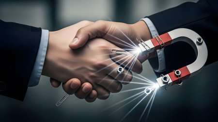 A handshake with a horseshoe magnet attracting paper clips, with light rays emanating....の写真素材