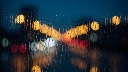 Window showing blurred city lights seen through a rain-streaked window at dusk or night.