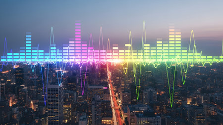 Sound showing cityscape at sunset with a vibrant rainbow-colored sound wave and equalizer...