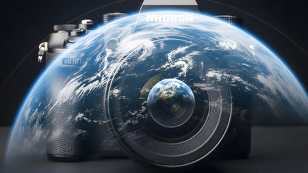 (2827) showing camera lens with planet earth and a smaller earth reflection inside a cosmic...