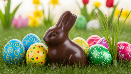Easter showing brown chocolate easter bunny surrounded by vibrantly painted eggs on a grassy...