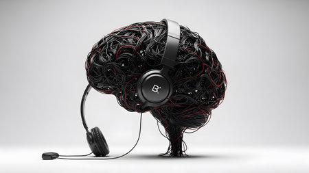 A brain shape made of black tangled wires with red accents, wearing headphones on a white backdrop.の写真素材