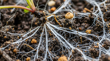 Fine showing close up of plant roots growing in dark soil with fine white fibers.