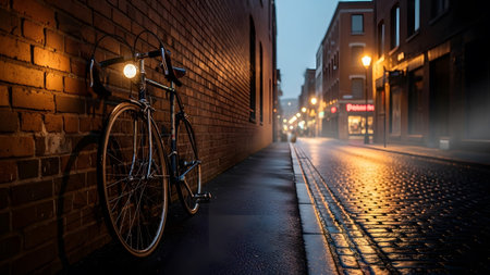 A vintage bicycle is illuminated by a single warm lamp against a wet brick wall on a dark city...