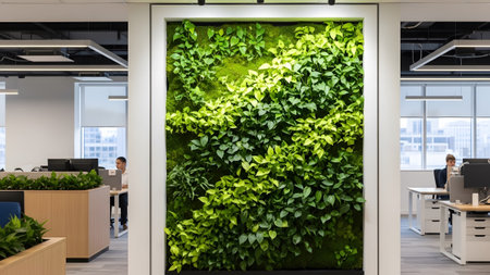 A bright office environment a lush green living wall, with employees actively working at desks...