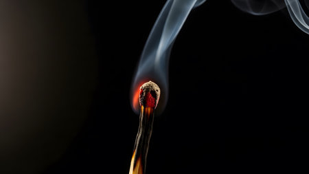 (4198) showing burning matchstick with red tipped head and white smoke against a dark...