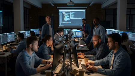 A busy office scene with many people working on computers and a large projected screen showing...