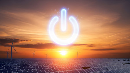 A bright white glowing power button symbol is set against a vibrant orange and yellow sunset sky...