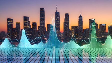 Sound showing city skyline at dusk with a blue and green digital sound wave and grid overlay....