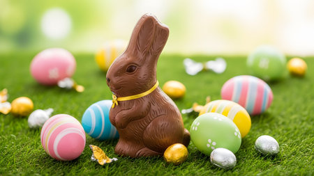 Easter showing chocolate easter bunny with colorful decorated eggs and foil wrapped candies on...