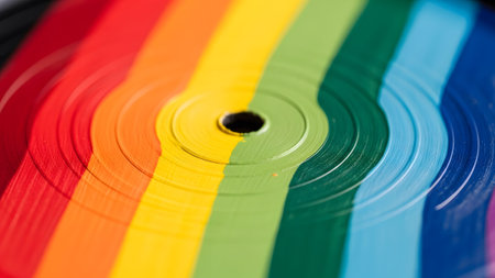 Central showing close up of a rainbow colored vinyl record with concentric grooves and a central...の写真素材