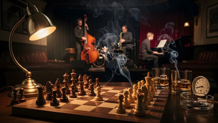A chess game unfolds on a wooden table, while a jazz trio plays live...の写真素材