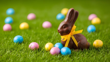 Easter showing chocolate easter bunny with yellow bow surrounded by colorful candy eggs on green...