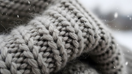 Background showing close up of thick grey knitted wool fabric with falling snowflakes in soft...