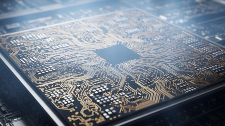 A detailed close-up of a complex golden circuit board with a central square processor and...