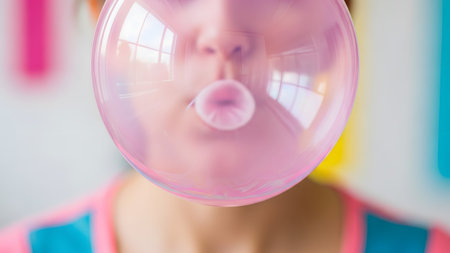 A close-up shot focuses on a person's mouth blowing a large, translucent pink bubblegum bubble.の写真素材